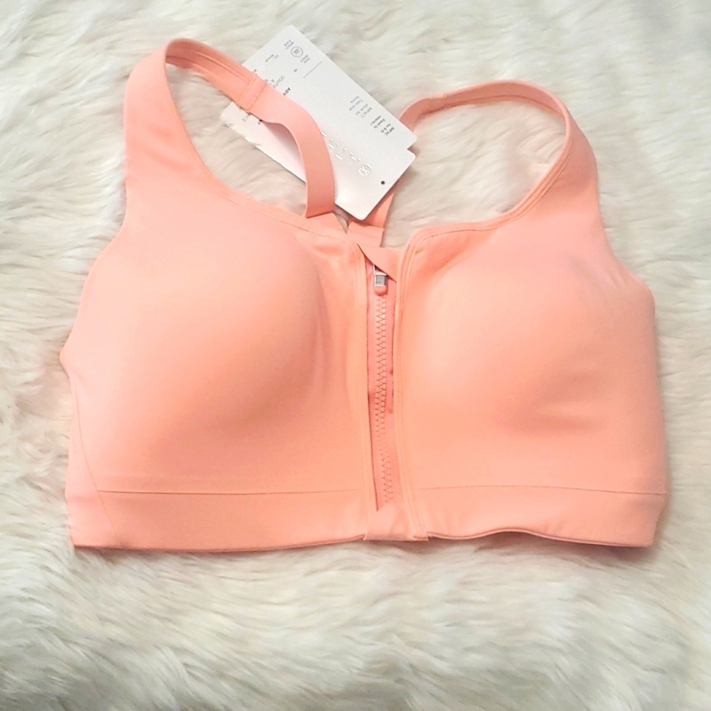 Athleta Advance Zip Front Sports Bra 34DD Orange Coral New